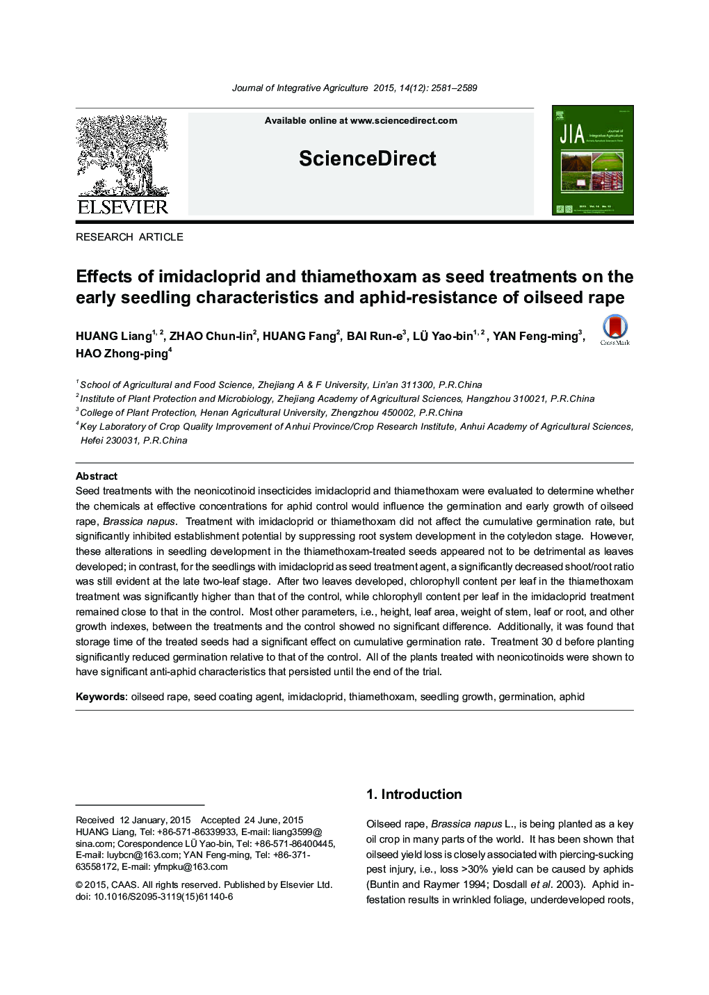 Effects of imidacloprid and thiamethoxam as seed treatments on the early seedling characteristics and aphid-resistance of oilseed rape