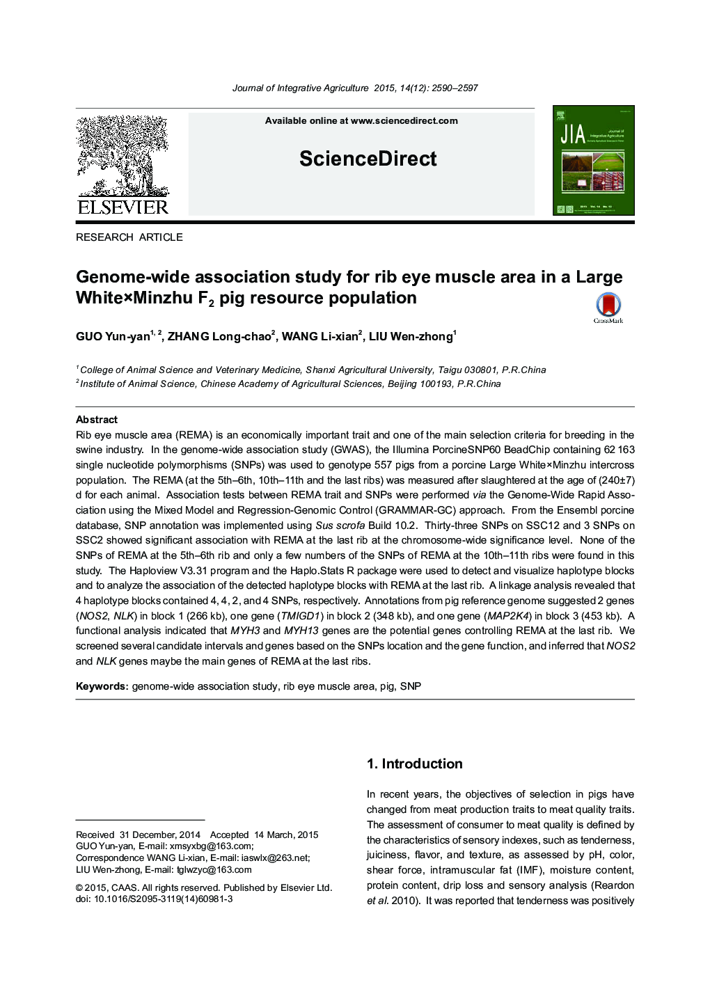 Genome-wide association study for rib eye muscle area in a Large White×Minzhu F2 pig resource population