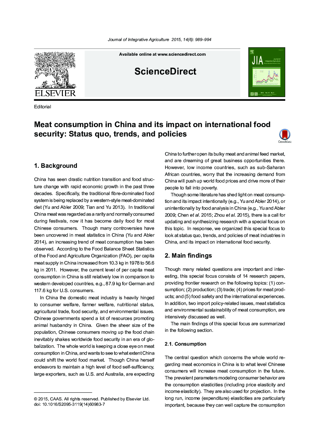 Meat consumption in China and its impact on international food security: Status quo, trends, and policies