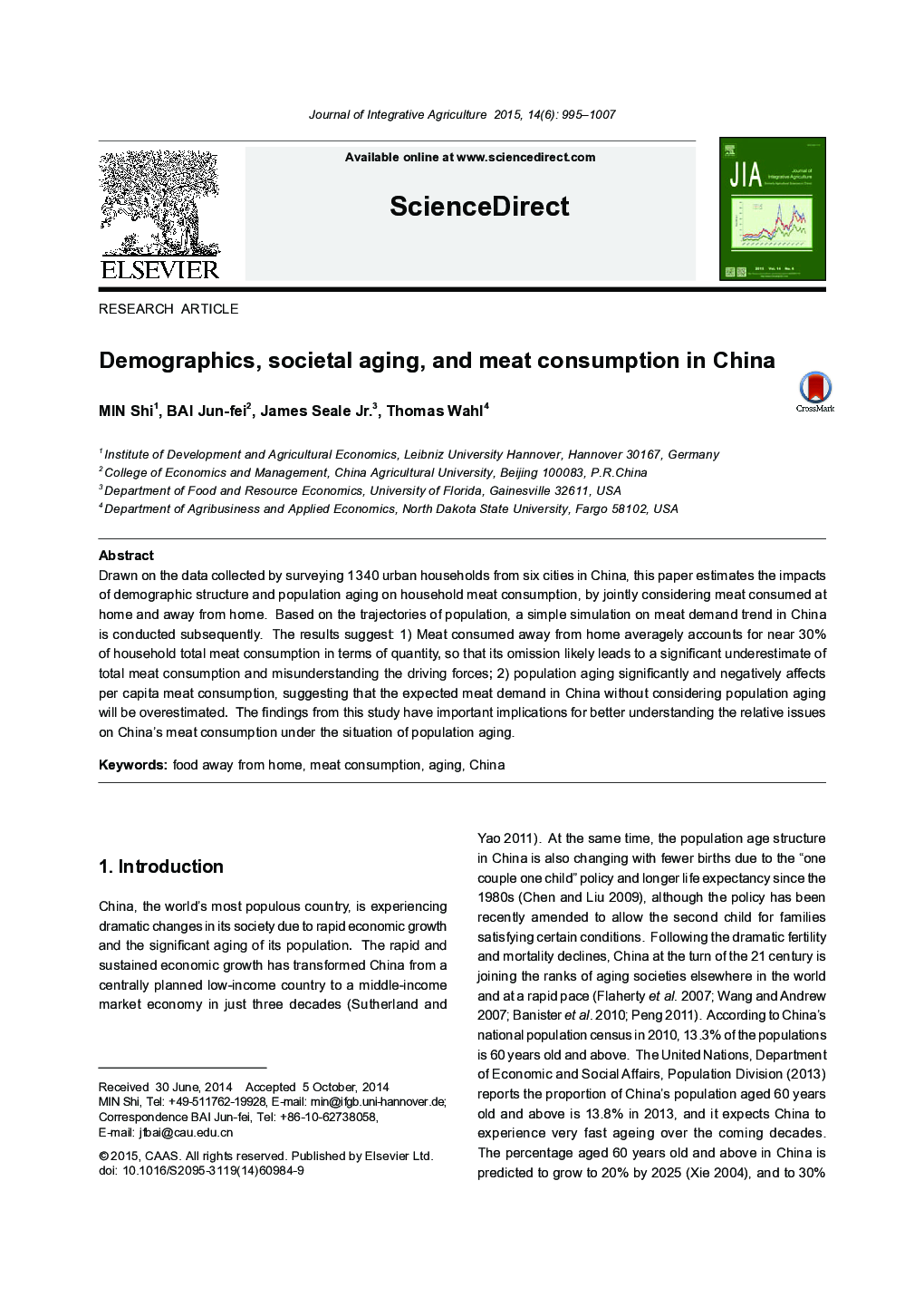 Demographics, societal aging, and meat consumption in China