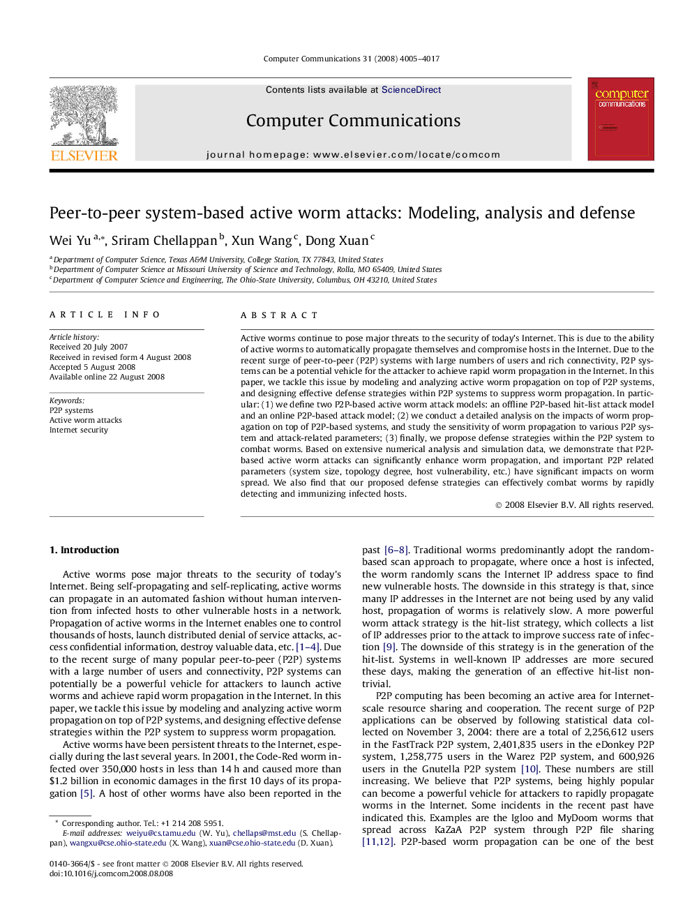 Peer-to-peer system-based active worm attacks: Modeling, analysis and defense