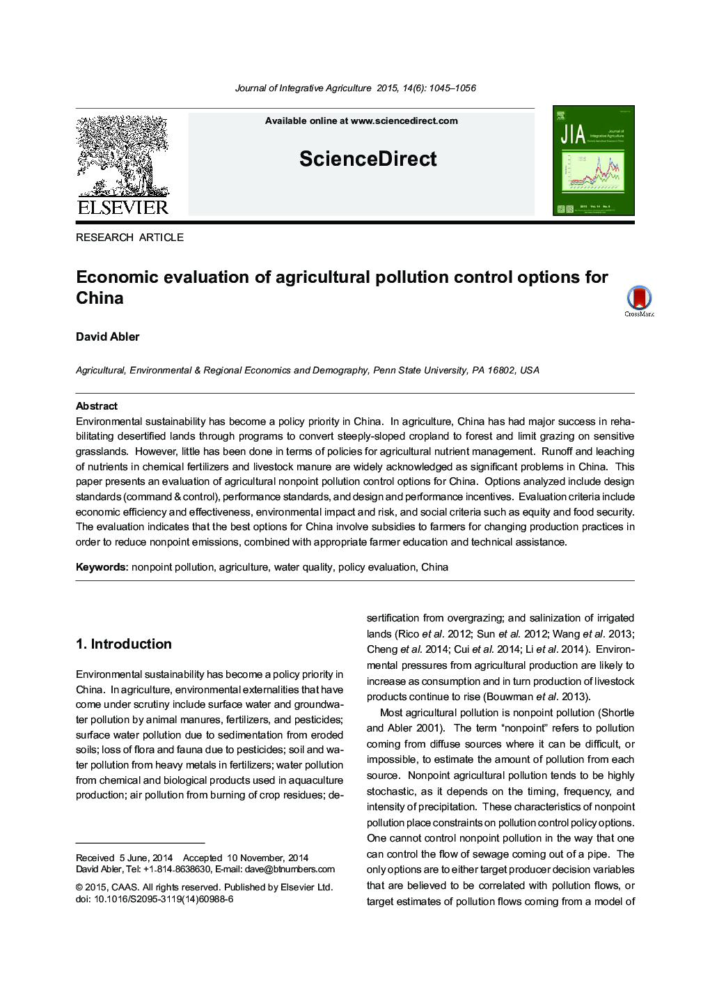 Economic evaluation of agricultural pollution control options for China