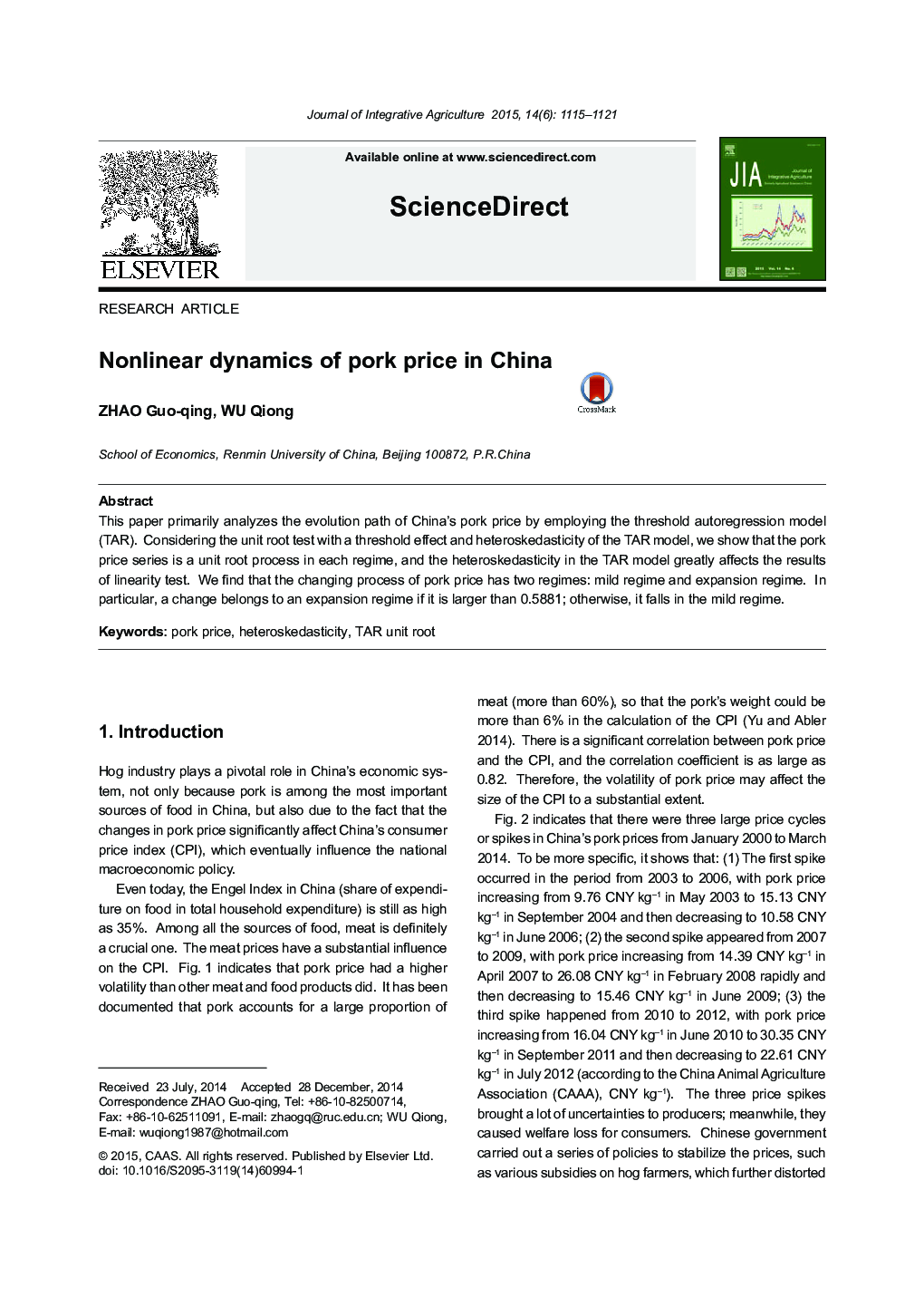 Nonlinear dynamics of pork price in China