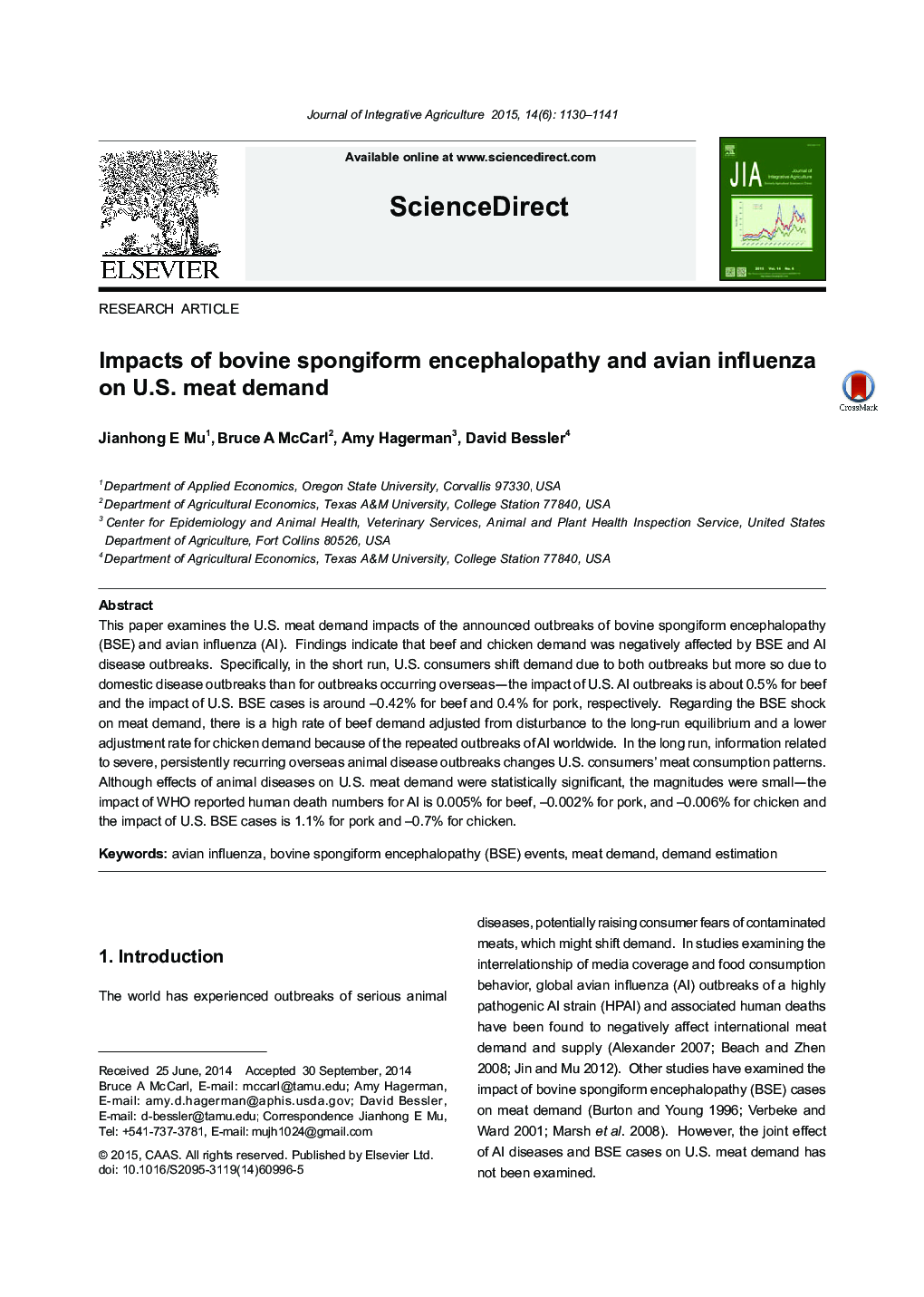 Impacts of bovine spongiform encephalopathy and avian influenza on U.S. meat demand