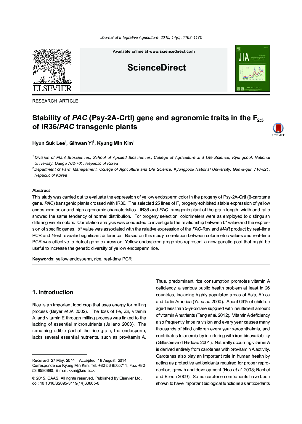 Stability of PAC (Psy-2A-CrtI) gene and agronomic traits in the F2:3 of IR36/PAC transgenic plants