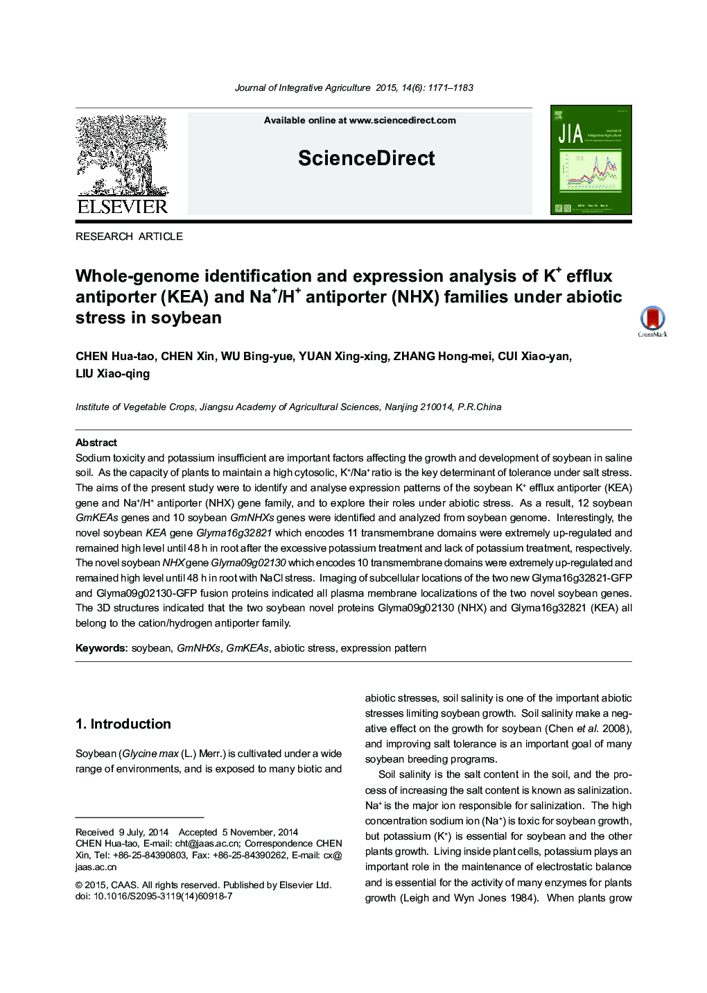 Whole-genome identification and expression analysis of K+ efflux antiporter (KEA) and Na+/H+ antiporter (NHX) families under abiotic stress in soybean