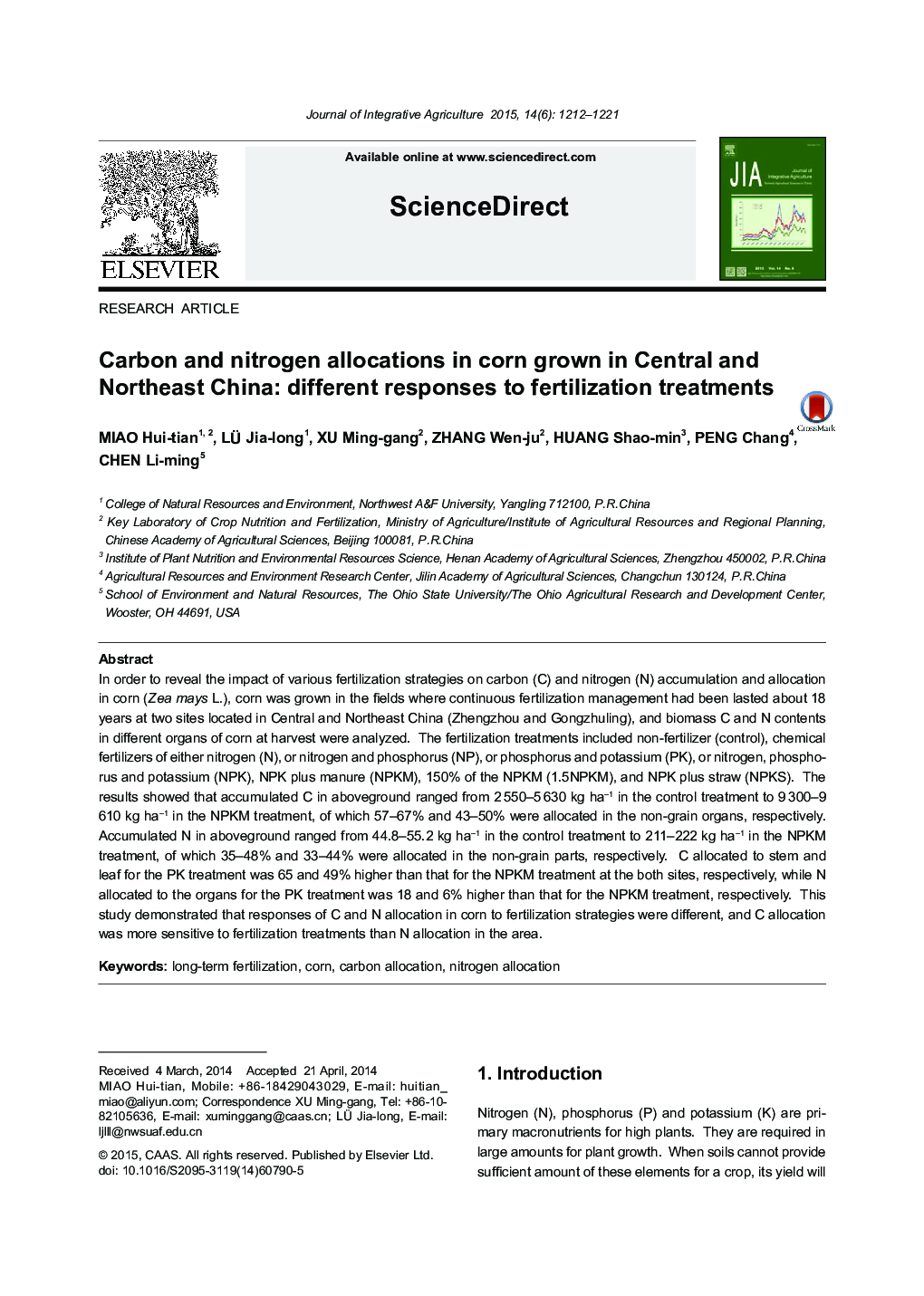 Carbon and nitrogen allocations in corn grown in Central and Northeast China: different responses to fertilization treatments