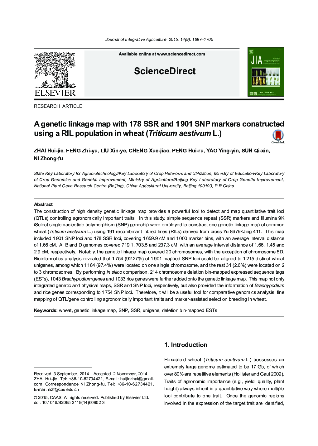 A genetic linkage map with 178 SSR and 1 901 SNP markers constructed using a RIL population in wheat (Triticum aestivum L.)