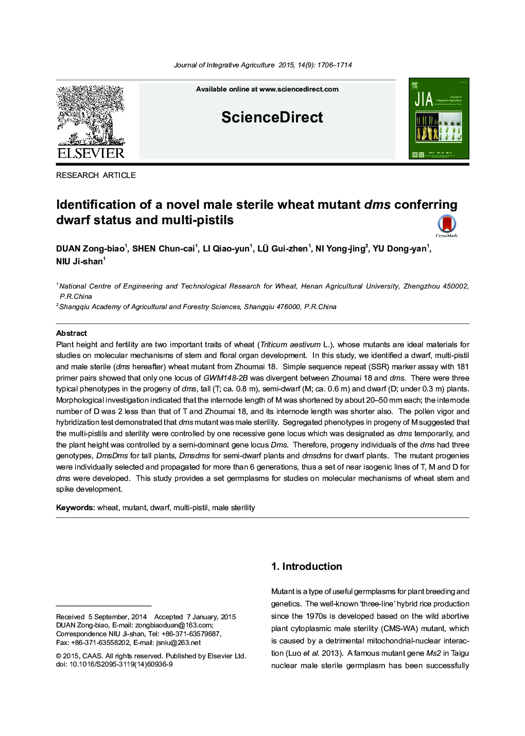 Identification of a novel male sterile wheat mutant dms conferring dwarf status and multi-pistils