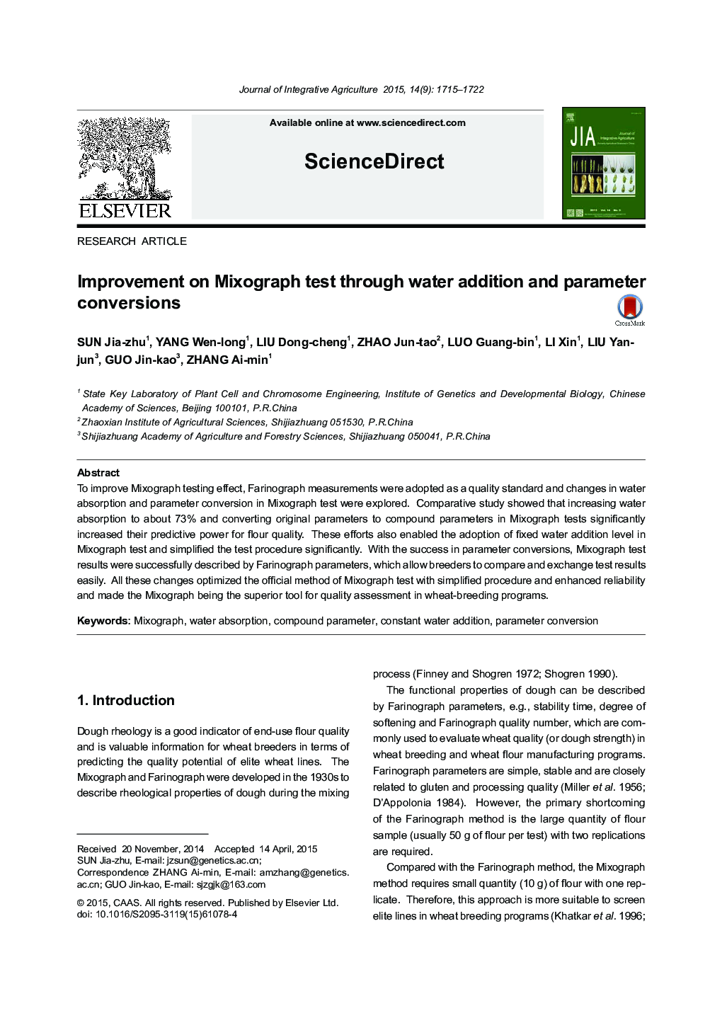 Improvement on Mixograph test through water addition and parameter conversions