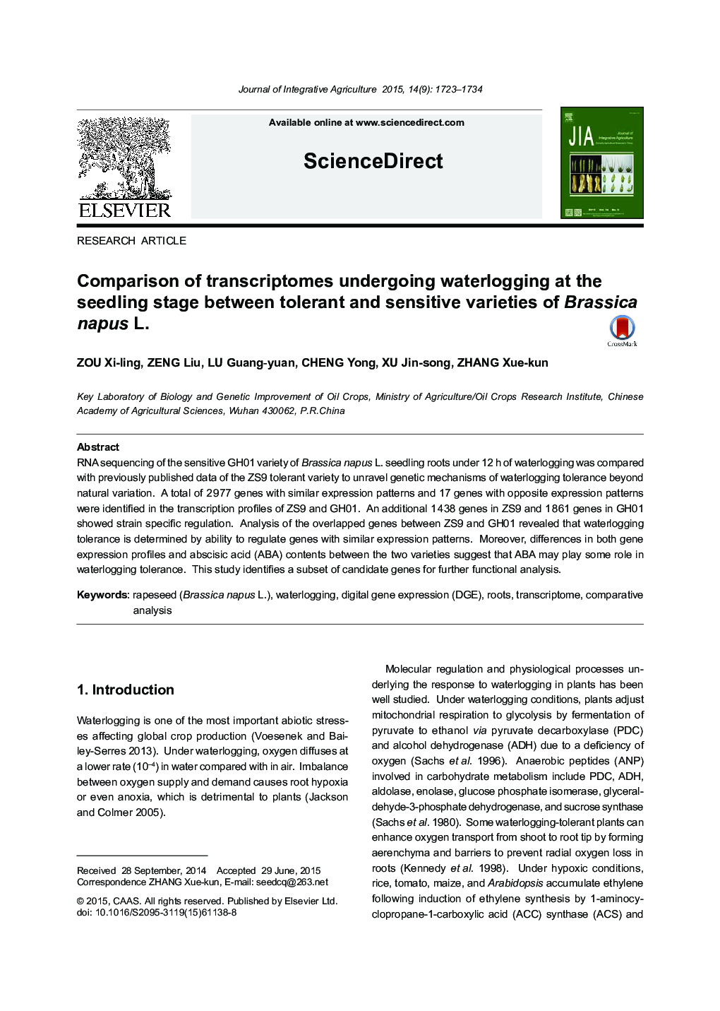 Comparison of transcriptomes undergoing waterlogging at the seedling stage between tolerant and sensitive varieties of Brassica napus L.
