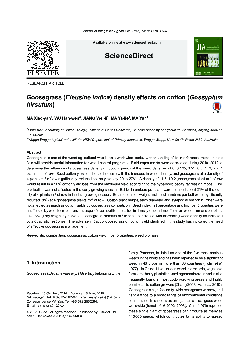 Goosegrass (Eleusine indica) density effects on cotton (Gossypium hirsutum)