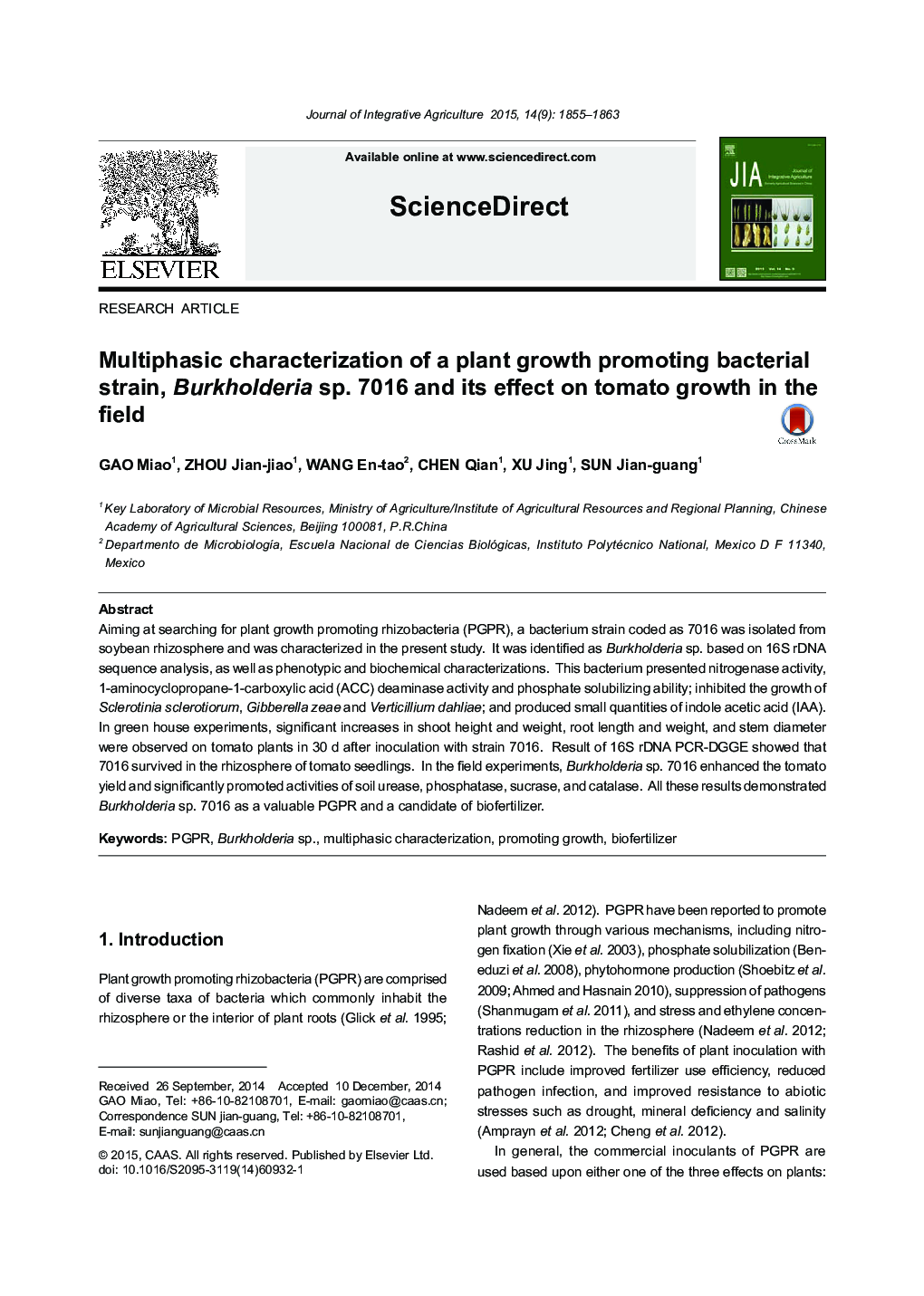 Multiphasic characterization of a plant growth promoting bacterial strain, Burkholderia sp. 7016 and its effect on tomato growth in the field