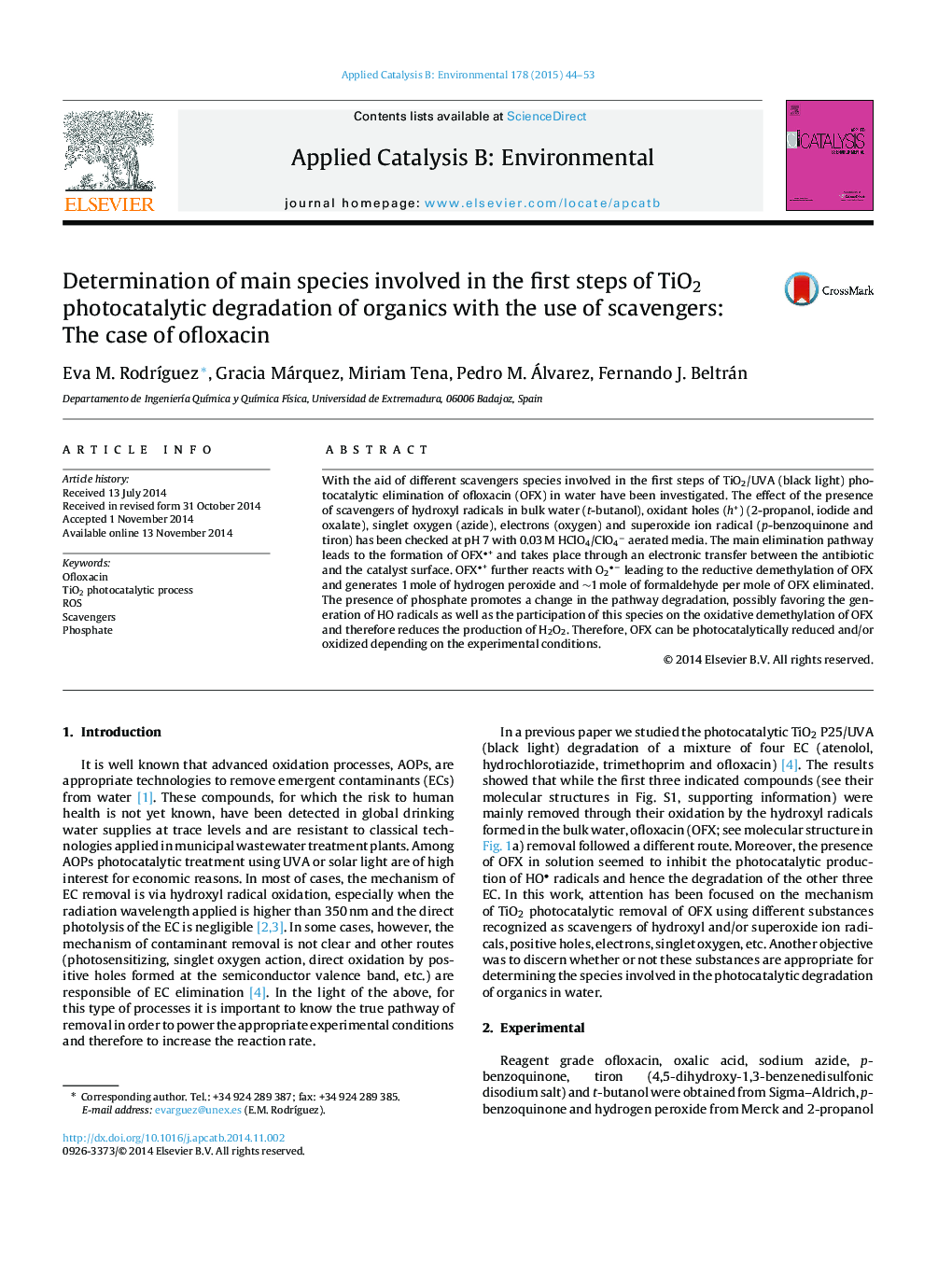 عکس صفحه اول مقاله: Determination of main species involved in the first steps of TiO2 photocatalytic degradation of organics with the use of scavengers: The case of ofloxacin Determination of main species involved in the first steps of TiO2 photocatalytic degradation of organics with the use of scavengers: The case of ofloxacin