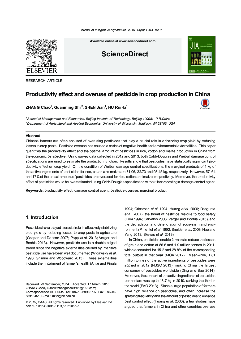 Productivity effect and overuse of pesticide in crop production in China