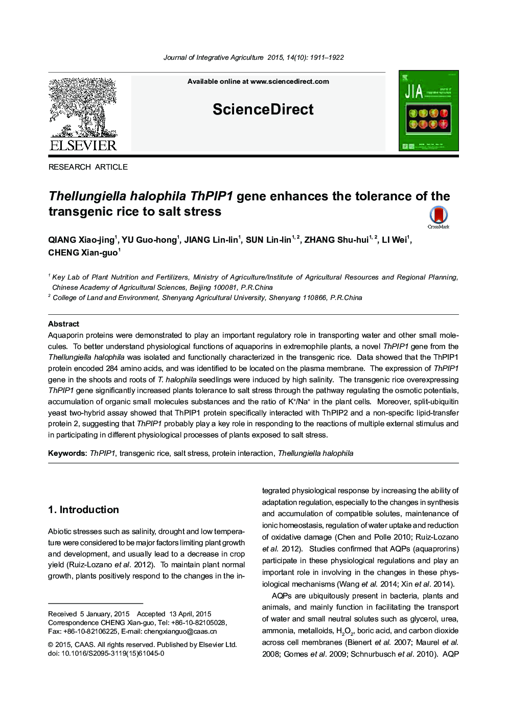 Thellungiella halophila ThPIP1 gene enhances the tolerance of the transgenic rice to salt stress