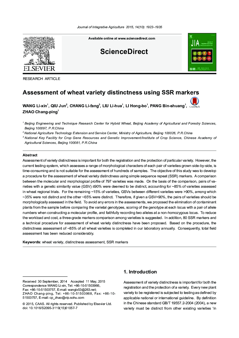 Assessment of wheat variety distinctness using SSR markers