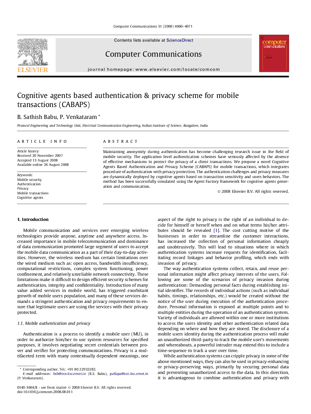 Cognitive agents based authentication & privacy scheme for mobile transactions (CABAPS)