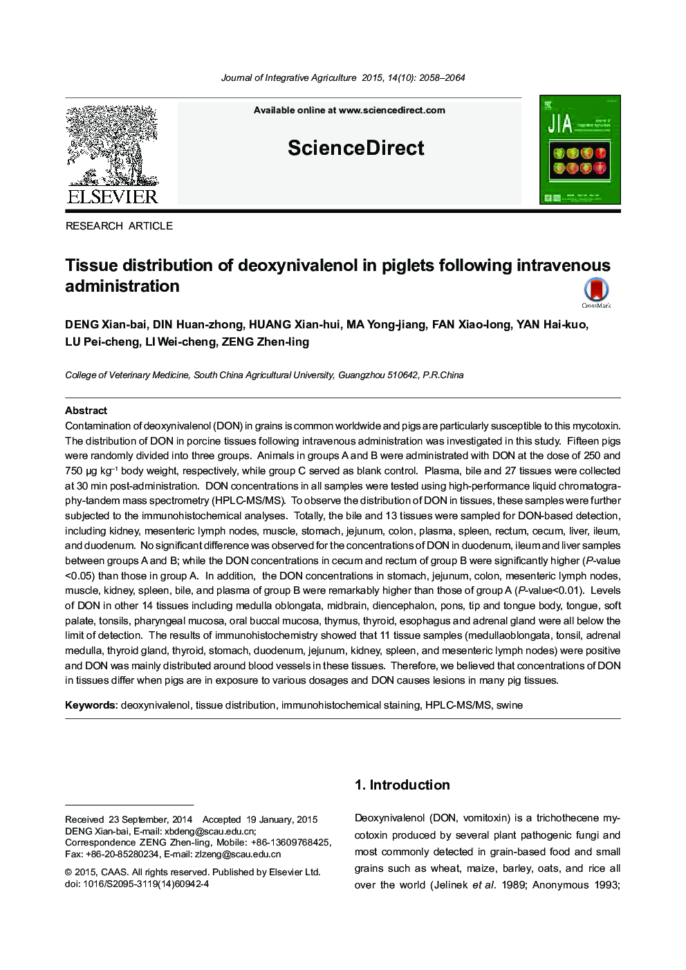 Tissue distribution of deoxynivalenol in piglets following intravenous administration