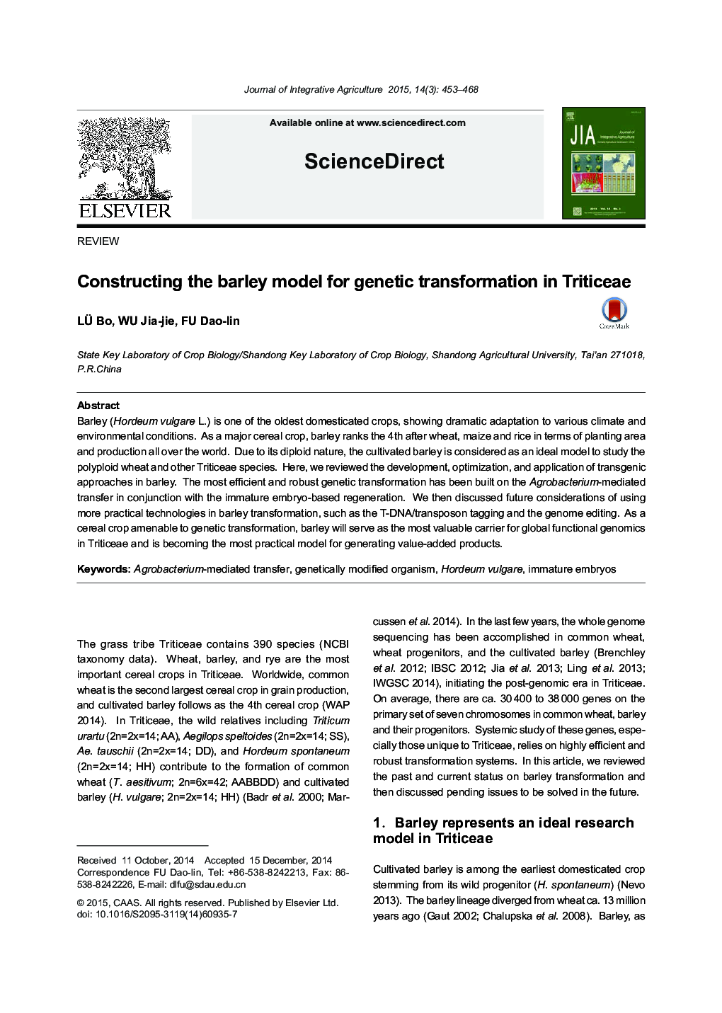 Constructing the barley model for genetic transformation in Triticeae