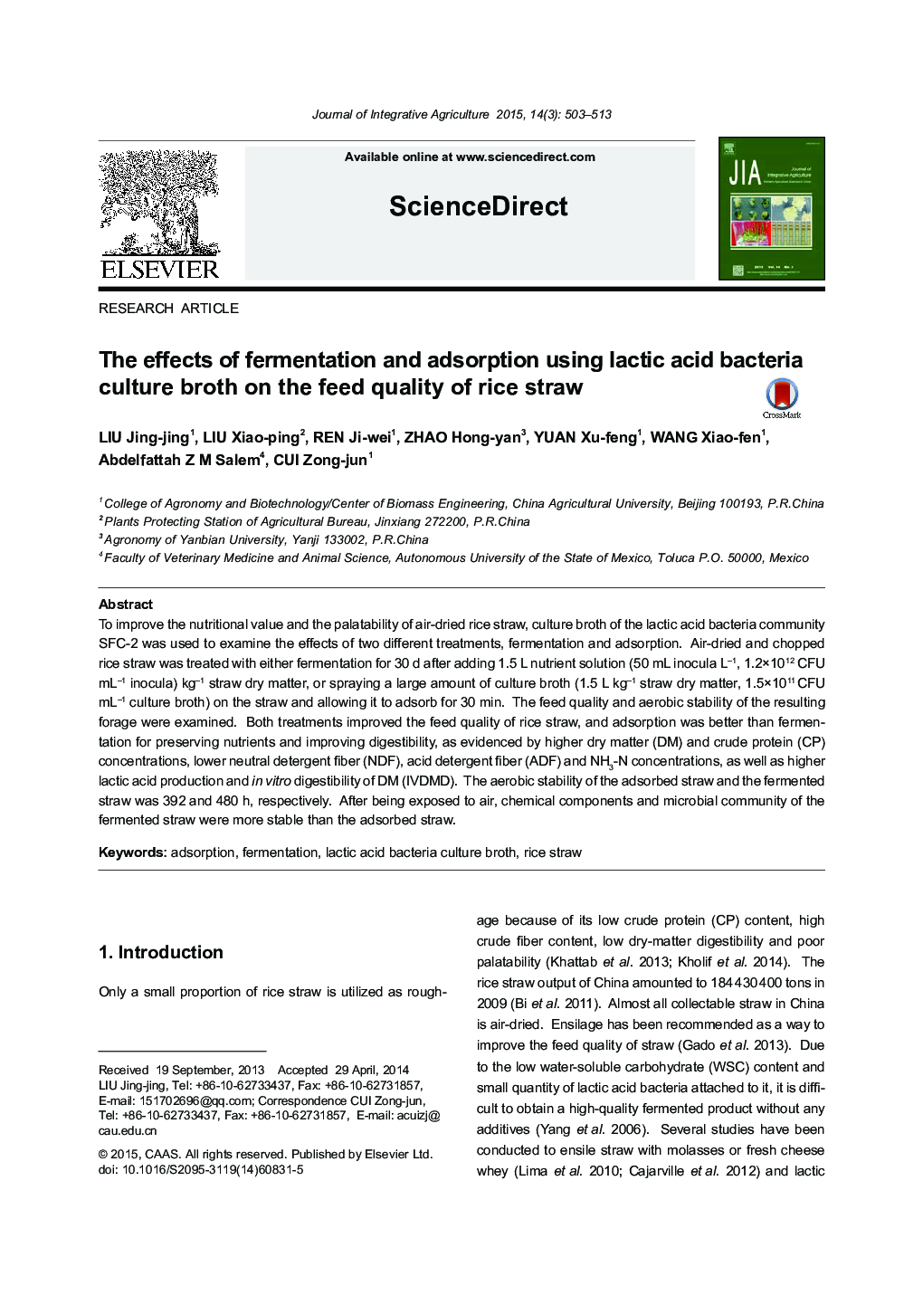 The effects of fermentation and adsorption using lactic acid bacteria culture broth on the feed quality of rice straw