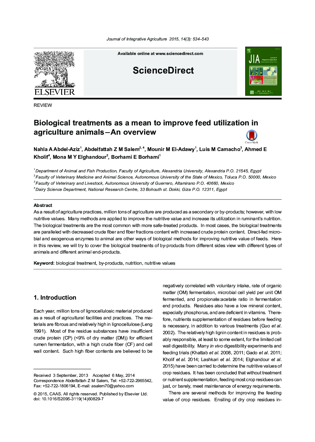 Biological treatments as a mean to improve feed utilization in agriculture animals—An overview