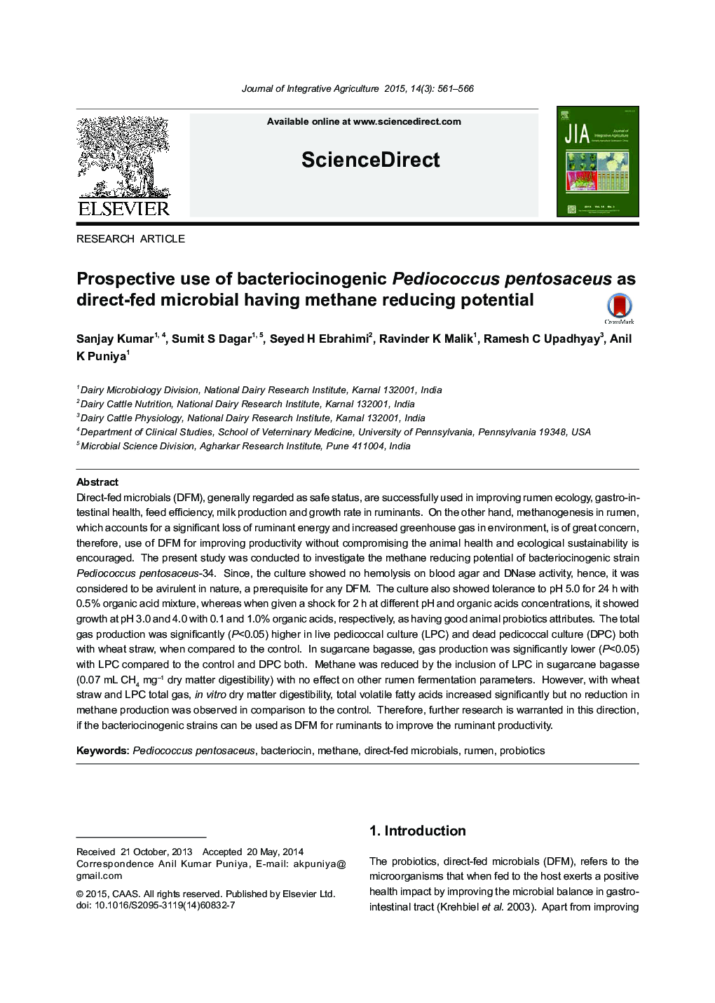 Prospective use of bacteriocinogenic Pediococcus pentosaceus as direct-fed microbial having methane reducing potential