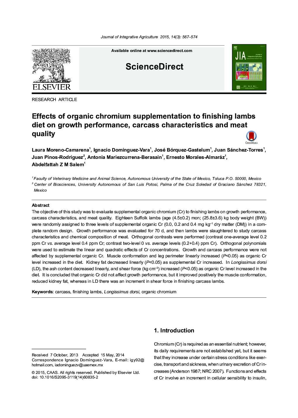 Effects of organic chromium supplementation to finishing lambs diet on growth performance, carcass characteristics and meat quality