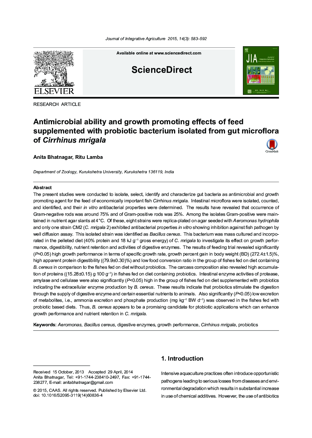 Antimicrobial ability and growth promoting effects of feed supplemented with probiotic bacterium isolated from gut microflora of Cirrhinus mrigala