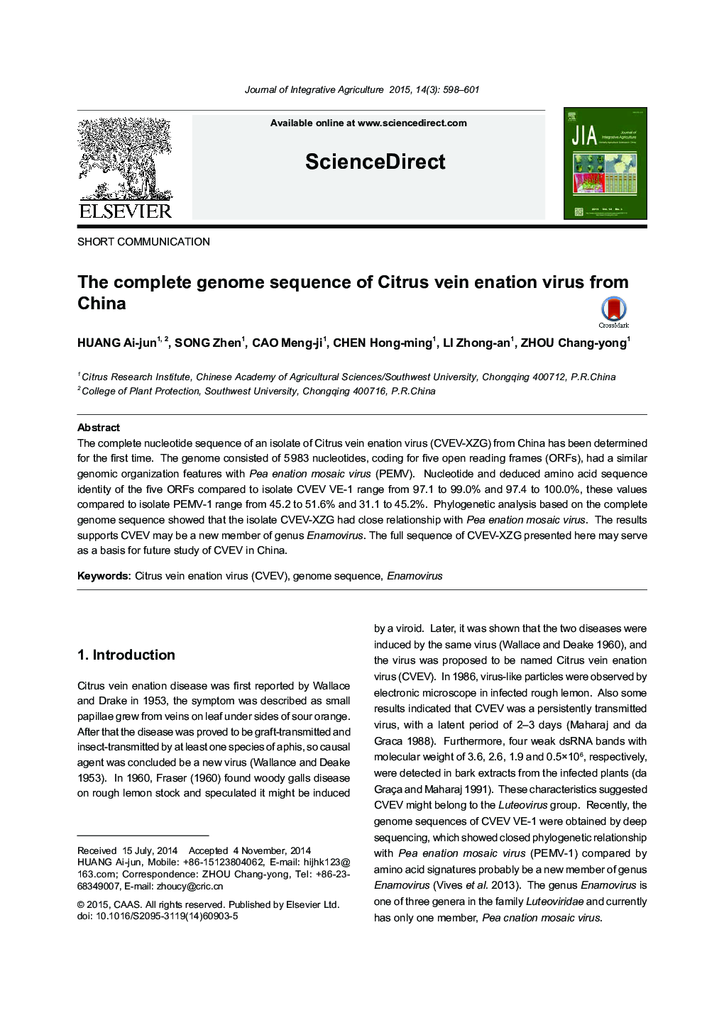 The complete genome sequence of Citrus vein enation virus from China