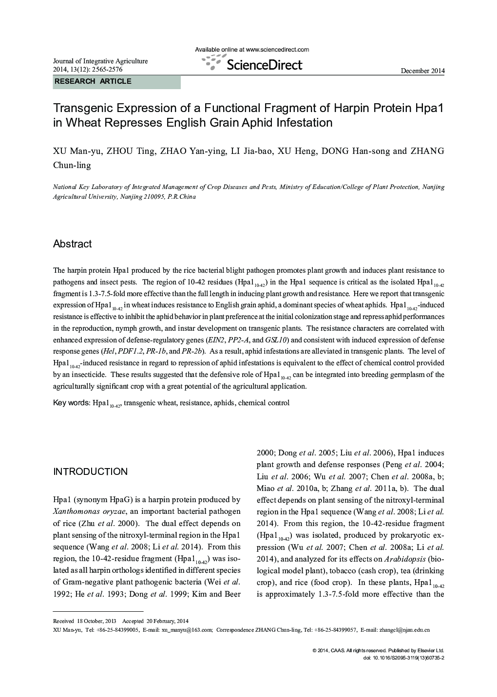 Transgenic Expression of a Functional Fragment of Harpin Protein Hpa1 in Wheat Represses English Grain Aphid Infestation