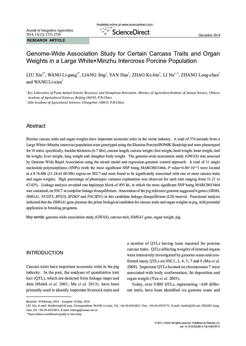 Genome-Wide Association Study for Certain Carcass Traits and Organ Weights in a Large White×Minzhu Intercross Porcine Population