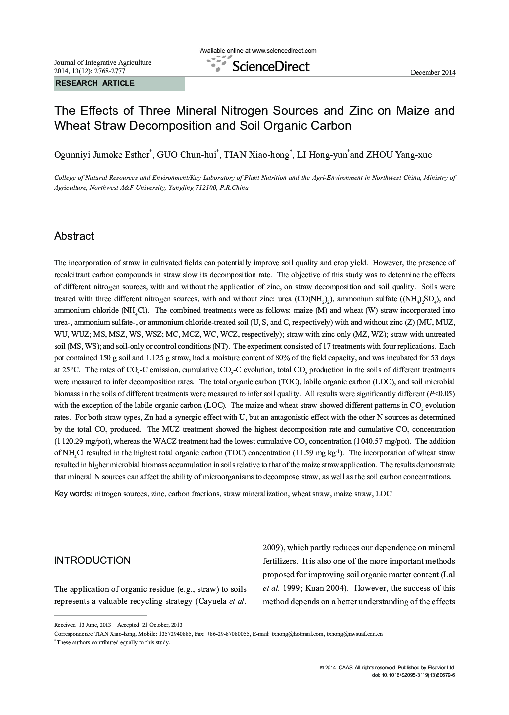 The Effects of Three Mineral Nitrogen Sources and Zinc on Maize and Wheat Straw Decomposition and Soil Organic Carbon