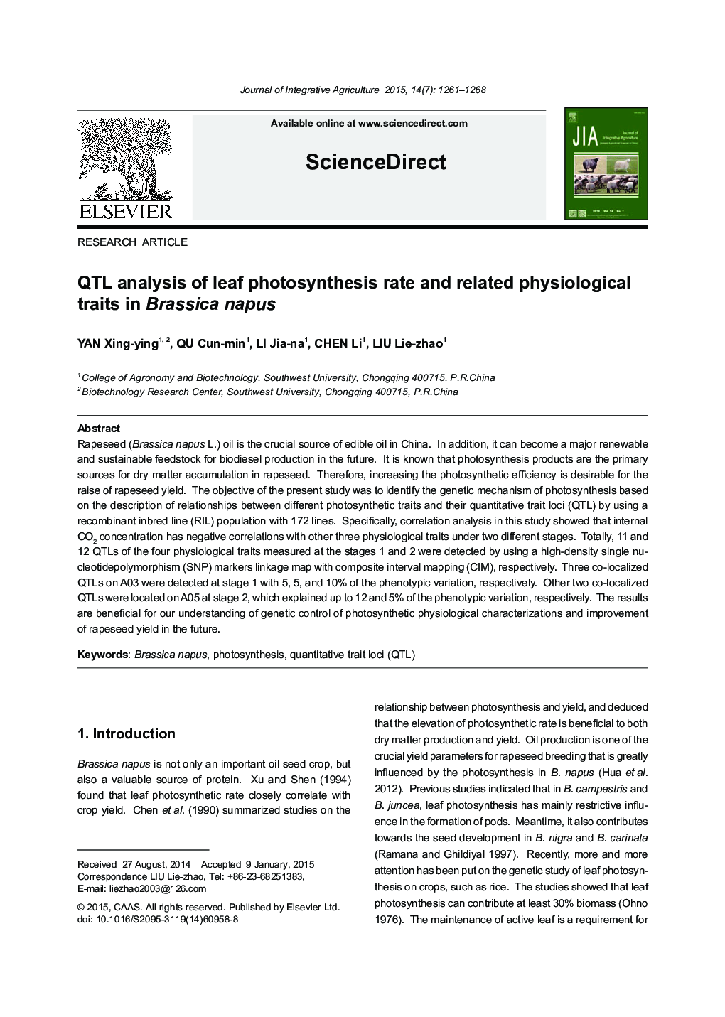 QTL analysis of leaf photosynthesis rate and related physiological traits in Brassica napus