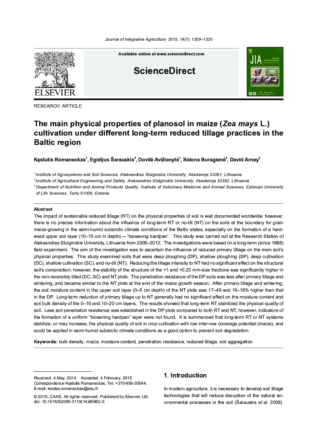 The main physical properties of planosol in maize (Zea mays L.) cultivation under different long-term reduced tillage practices in the Baltic region