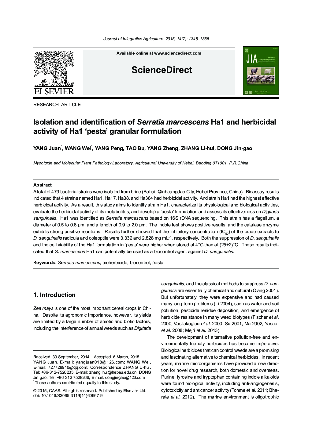Isolation and identification of Serratia marcescens Ha1 and herbicidal activity of Ha1 ‘pesta’ granular formulation
