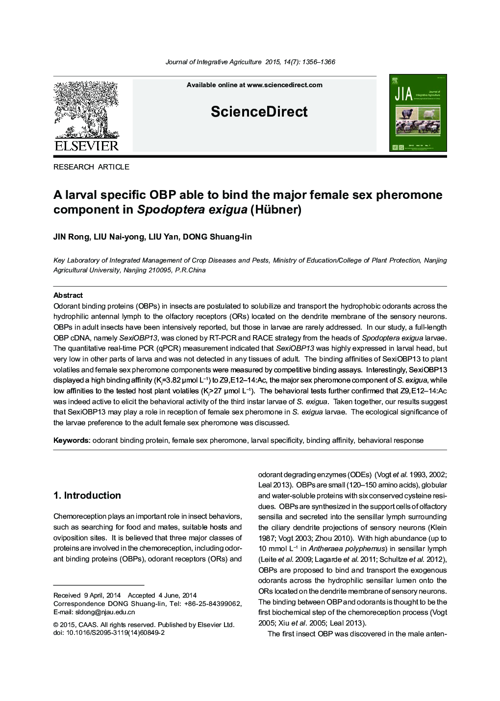 A larval specific OBP able to bind the major female sex pheromone component in Spodoptera exigua (Hübner)