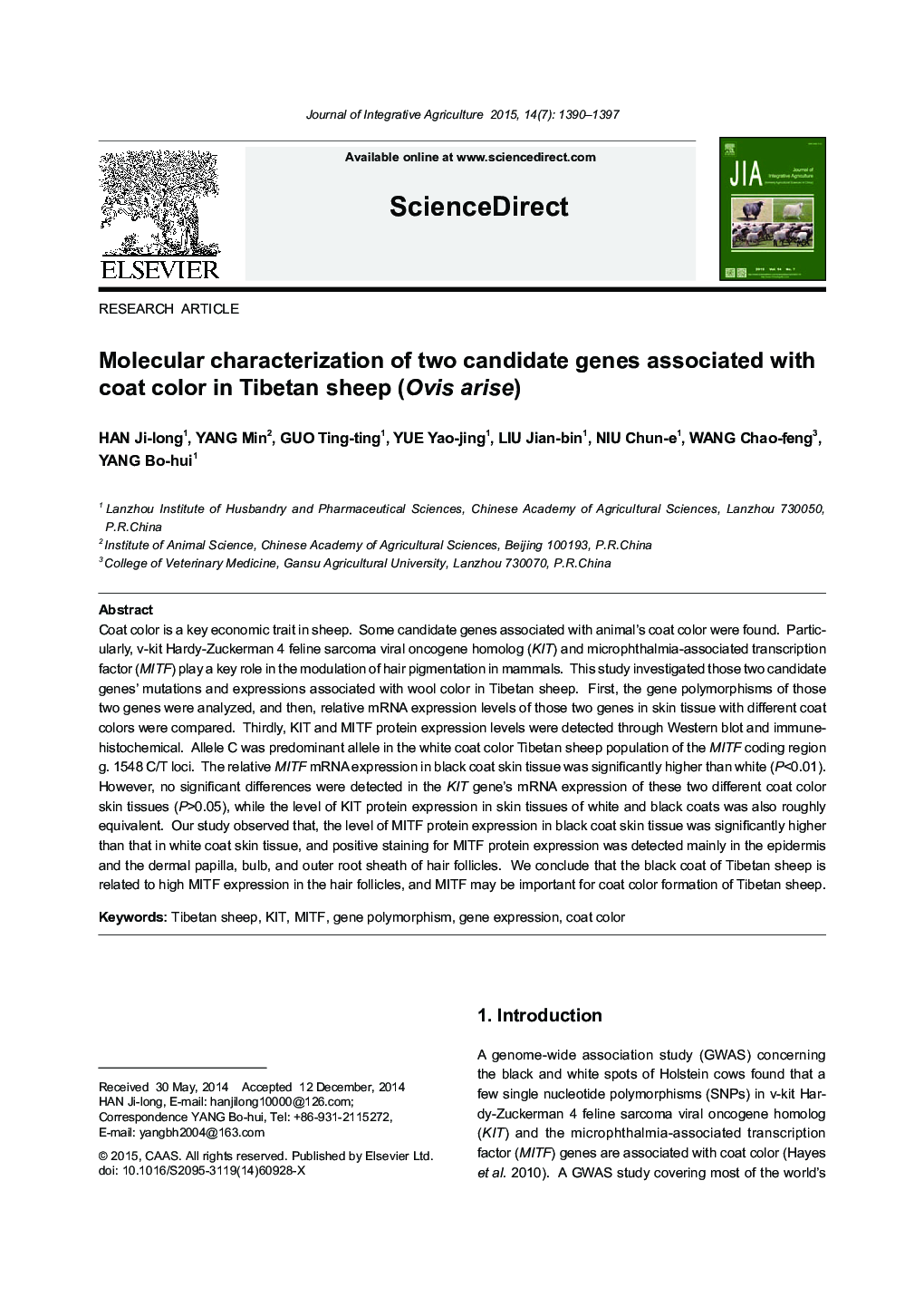 Molecular characterization of two candidate genes associated with coat color in Tibetan sheep (Ovis arise)