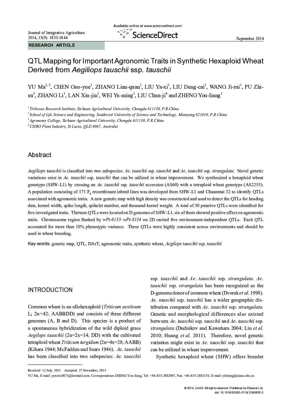 QTL Mapping for Important Agronomic Traits in Synthetic Hexaploid Wheat Derived from Aegiliops tauschii ssp. tauschii
