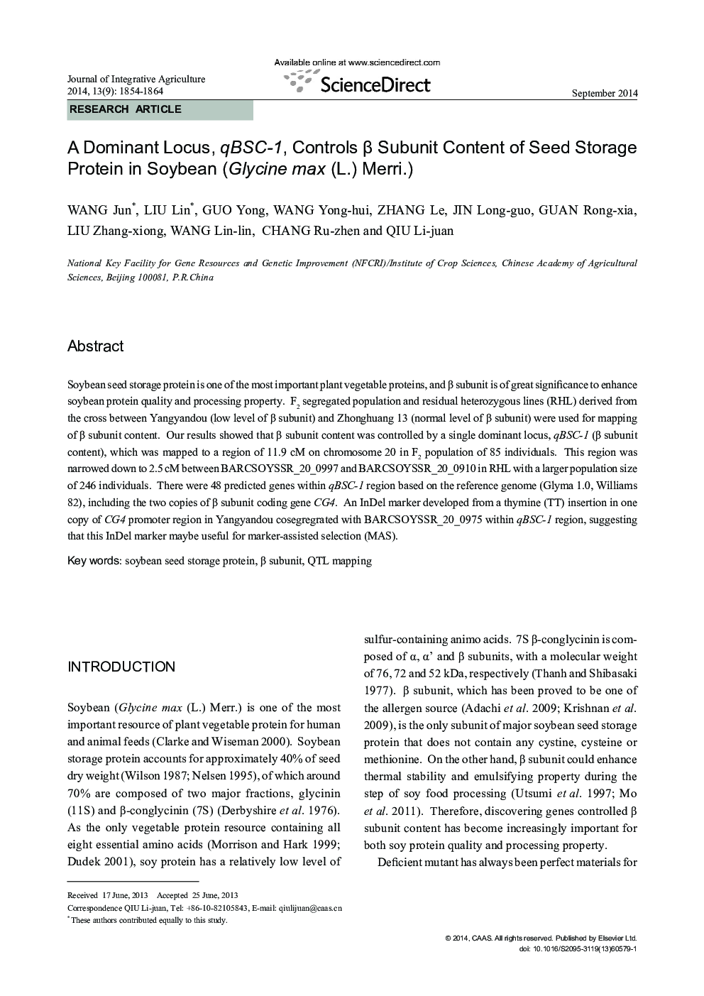 عکس صفحه اول مقاله: A Dominant Locus, qBSC-1, Controls β Subunit Content of Seed Storage Protein in Soybean (Glycine max (L.) Merri.) A Dominant Locus, qBSC-1, Controls β Subunit Content of Seed Storage Protein in Soybean (Glycine max (L.) Merri.)