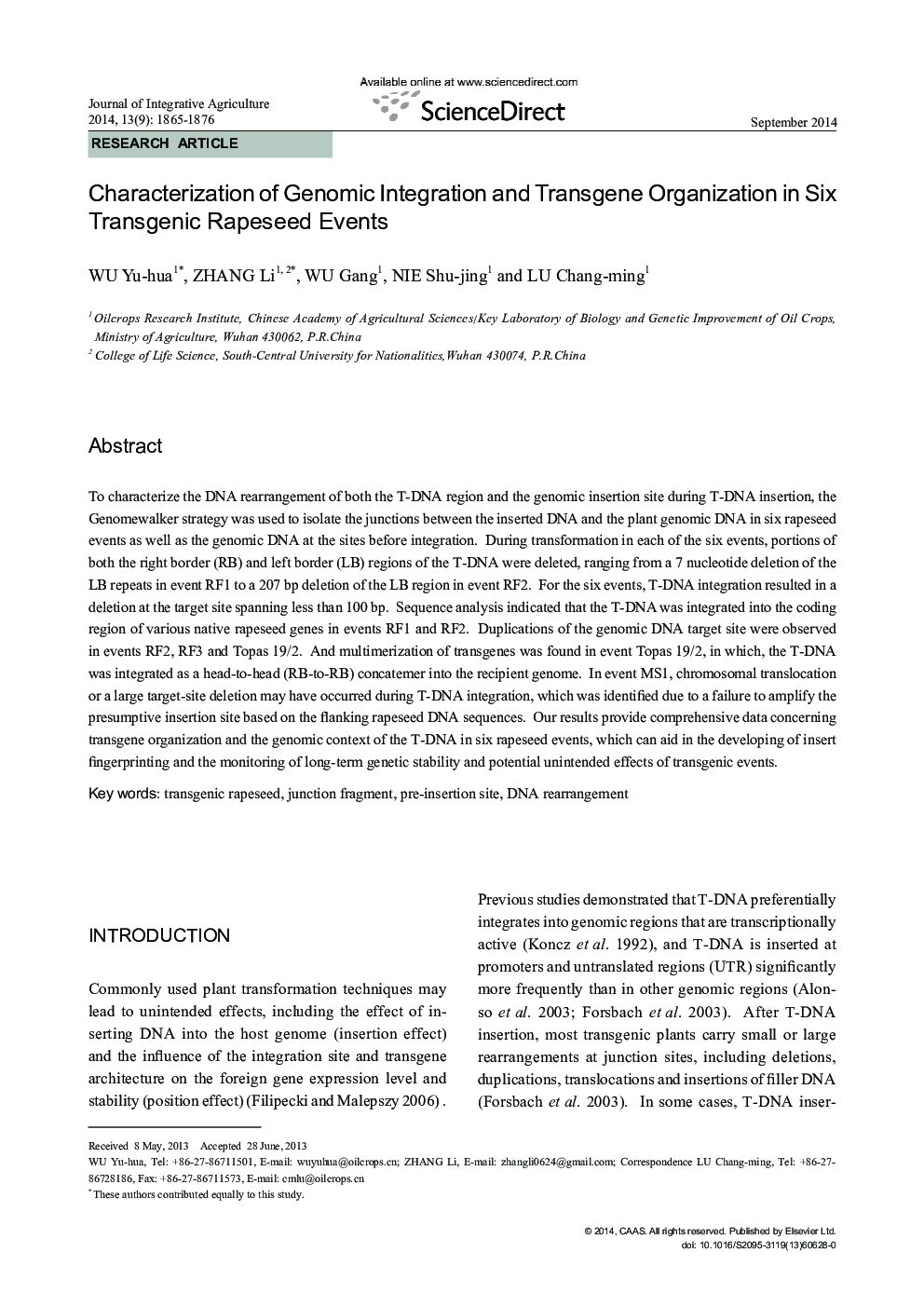 Characterization of Genomic Integration and Transgene Organization in Six Transgenic Rapeseed Events