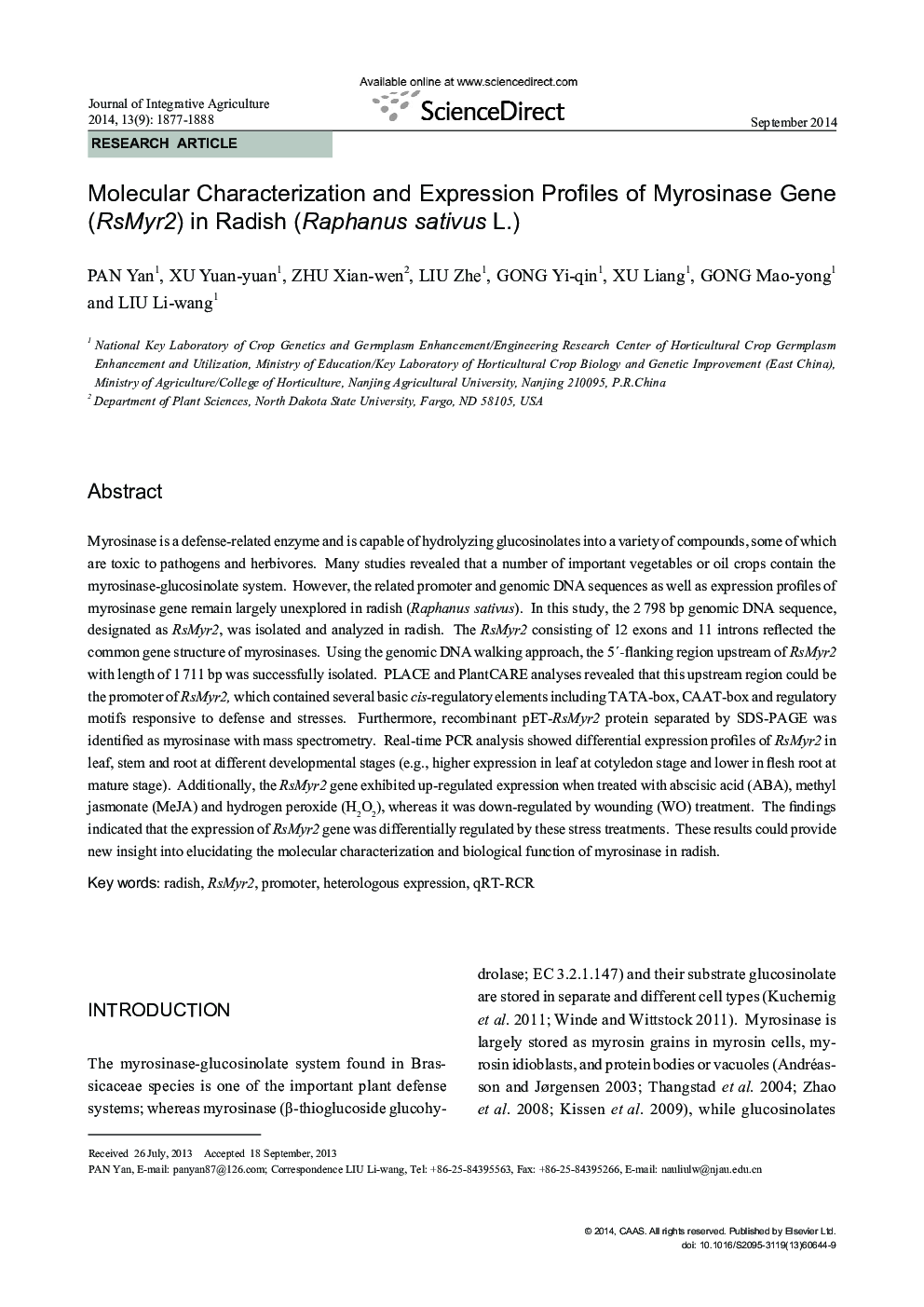 Molecular Characterization and Expression Profiles of Myrosinase Gene (RsMyr2) in Radish (Raphanus sativus L.)