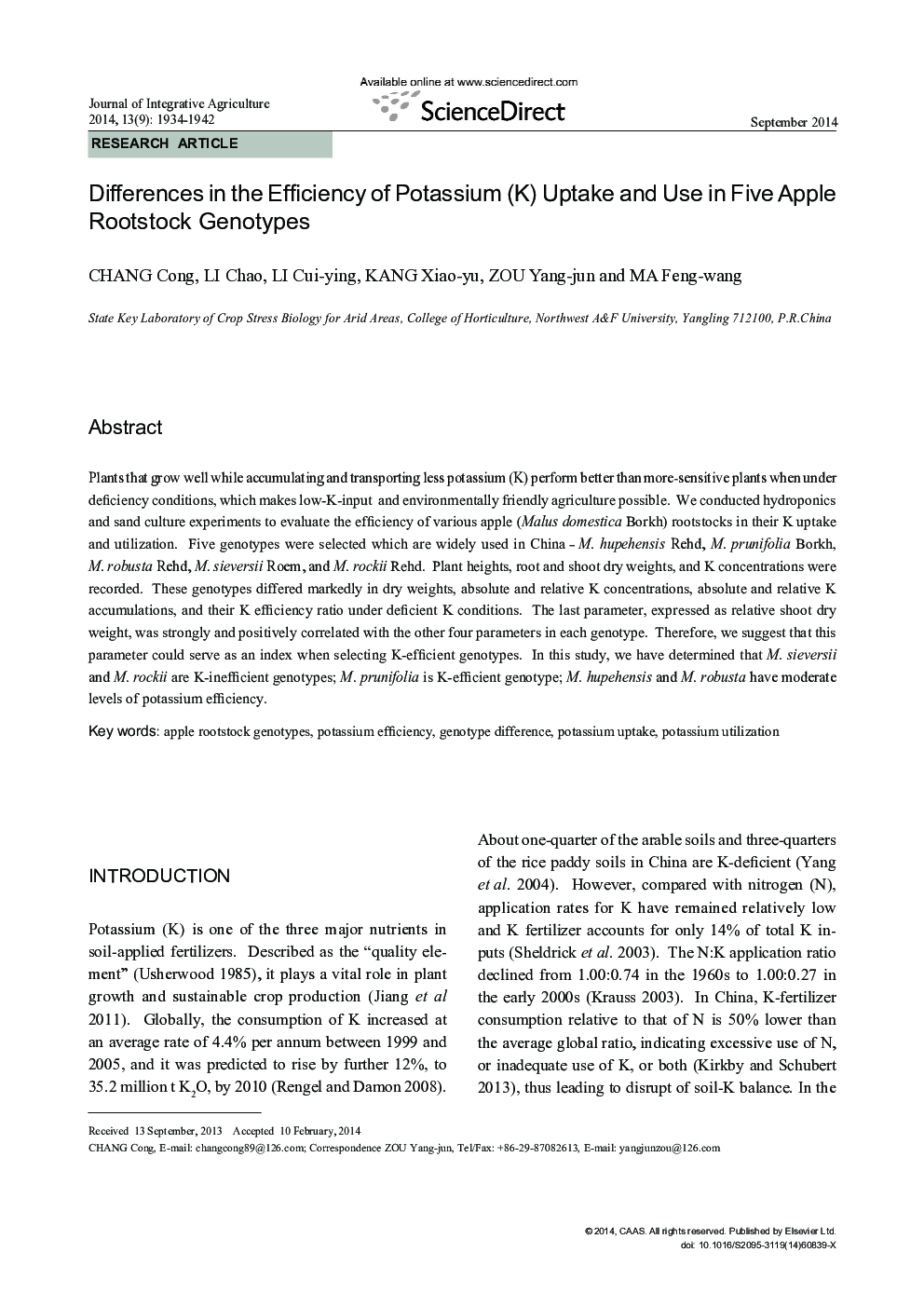 Differences in the Efficiency of Potassium (K) Uptake and Use in Five Apple Rootstock Genotypes