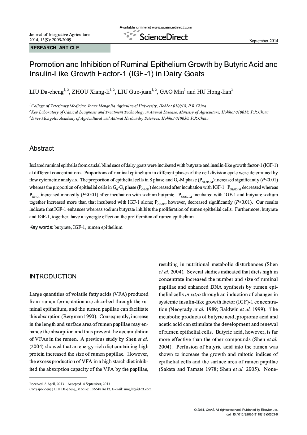 Promotion and Inhibition of Ruminal Epithelium Growth by Butyric Acid and Insulin-Like Growth Factor-1 (IGF-1) in Dairy Goats