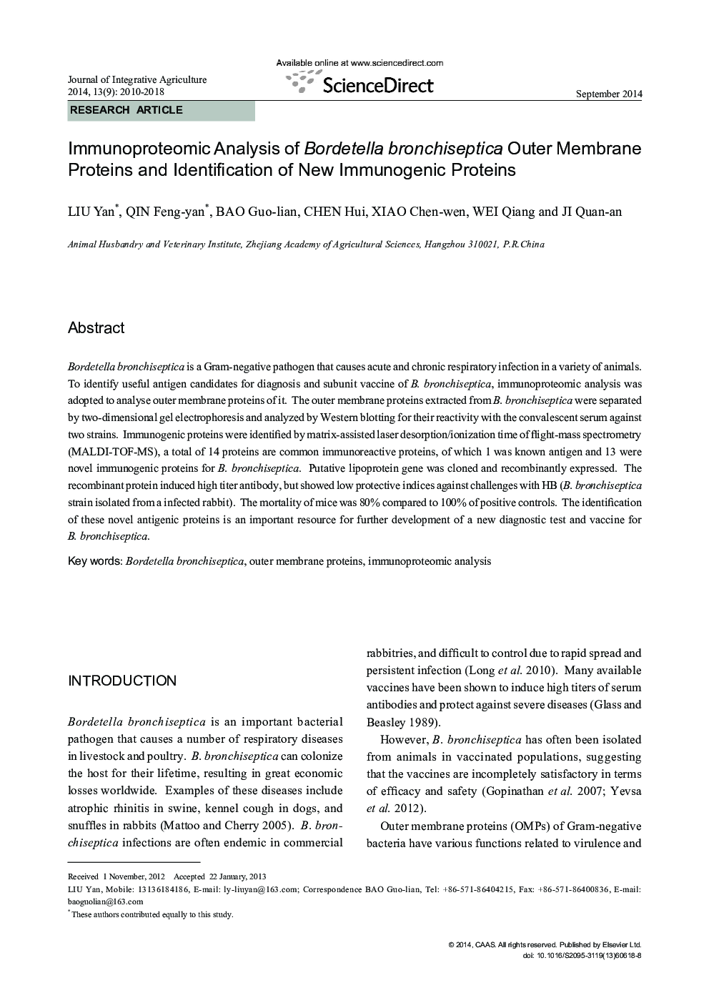 Immunoproteomic Analysis of Bordetella bronchiseptica Outer Membrane Proteins and Identification of New Immunogenic Proteins