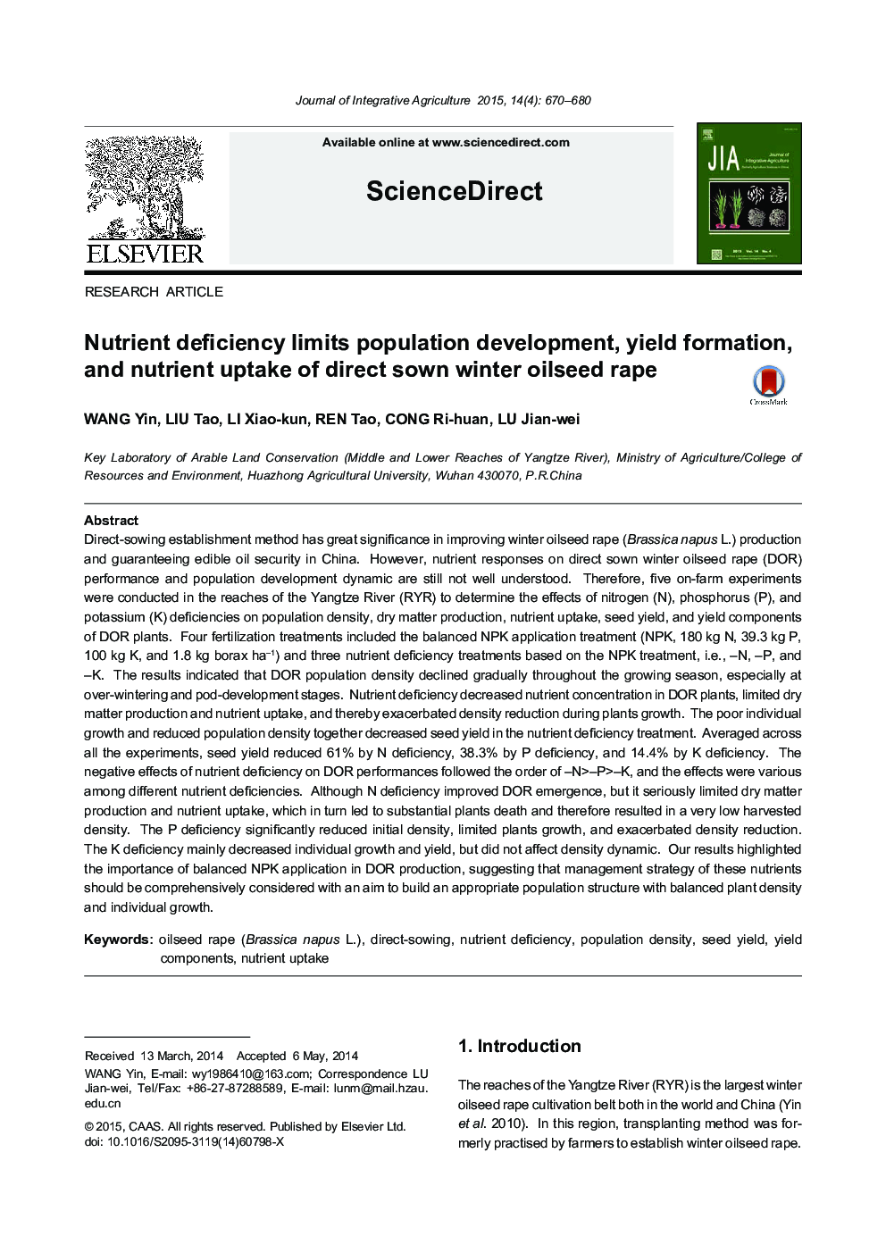 Nutrient deficiency limits population development, yield formation, and nutrient uptake of direct sown winter oilseed rape