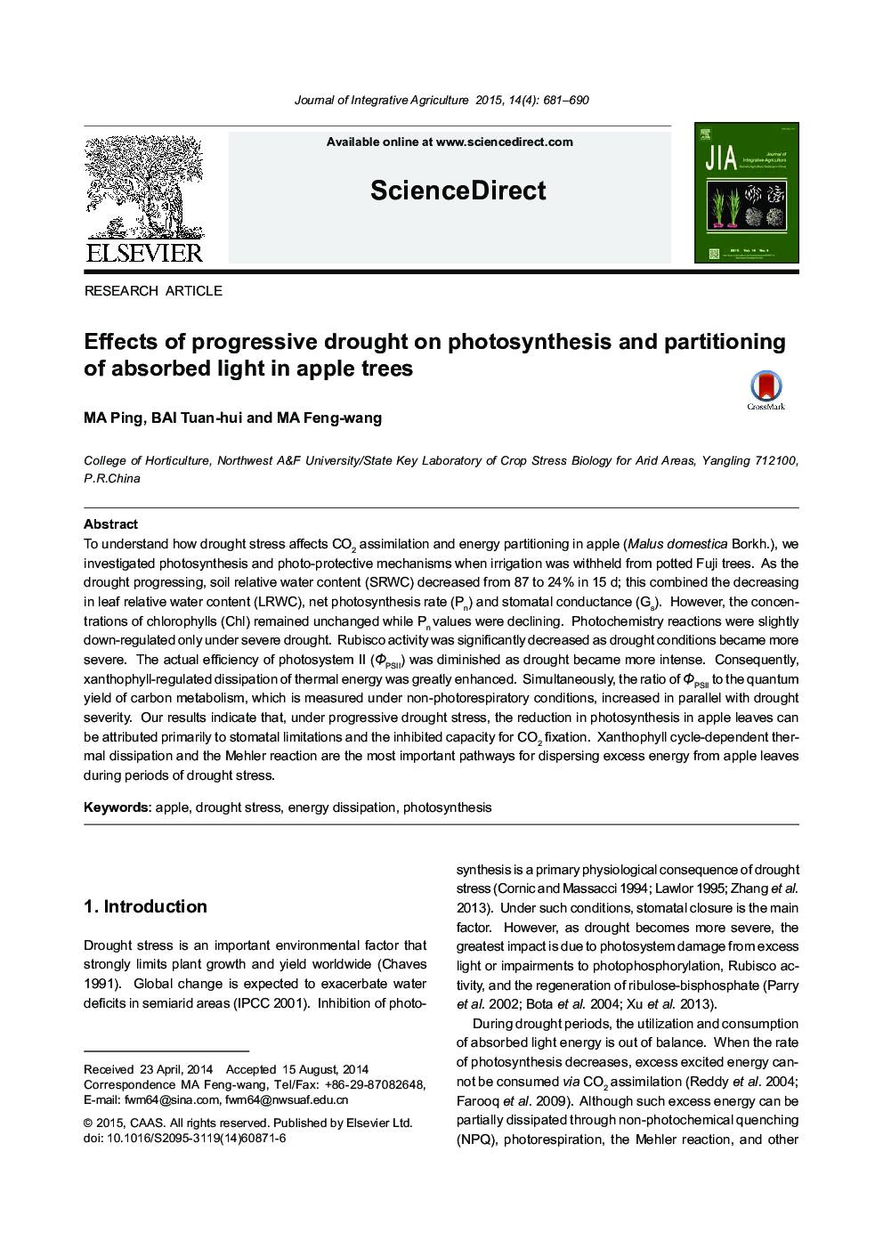 Effects of progressive drought on photosynthesis and partitioning of absorbed light in apple trees