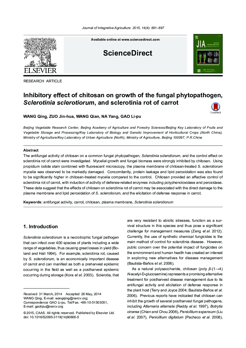 Inhibitory effect of chitosan on growth of the fungal phytopathogen, Sclerotinia sclerotiorum, and sclerotinia rot of carrot