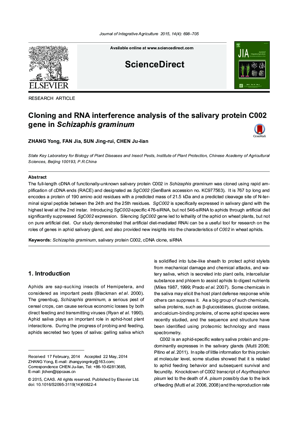 Cloning and RNA interference analysis of the salivary protein C002 gene in Schizaphis graminum