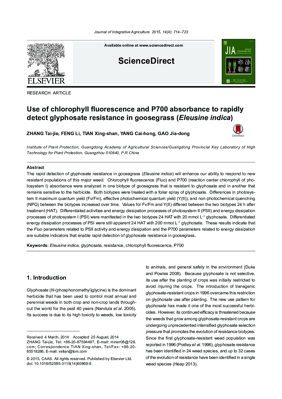 Use of chlorophyll fluorescence and P700 absorbance to rapidly detect glyphosate resistance in goosegrass (Eleusine indica)